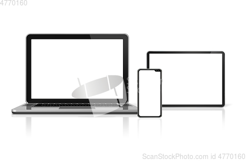 Image of Laptop, tablet and phone set mockup isolated on white. 3D render