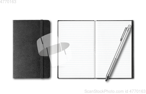 Image of Black closed and open notebooks with pen isolated on white