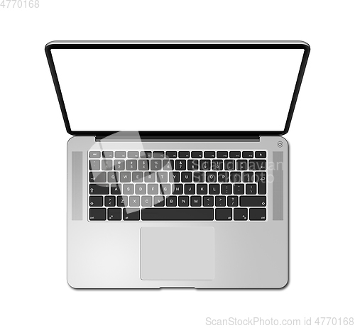 Image of Open laptop top view with blank screen, isolated on white. 3D re