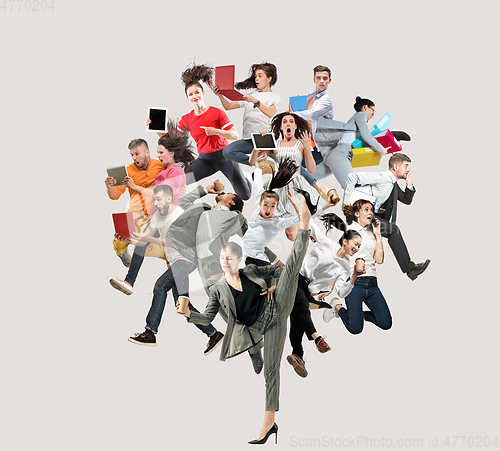 Image of Office workers or ballet dancers jumping on white background