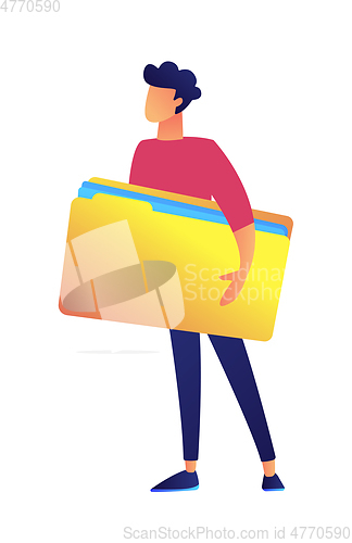 Image of Businessman holding big opened file folder vector illustration.