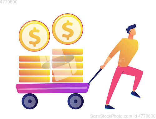 Image of Happy businessman pulling cart with golden coins vector illustration.