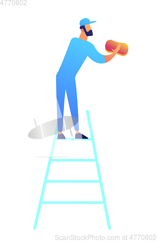 Image of Cleaner standing on the ladder and cleaning with sponge vector illustration.