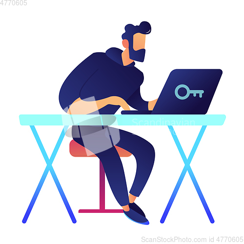 Image of IT specialist at desk working on laptop vector illustration.