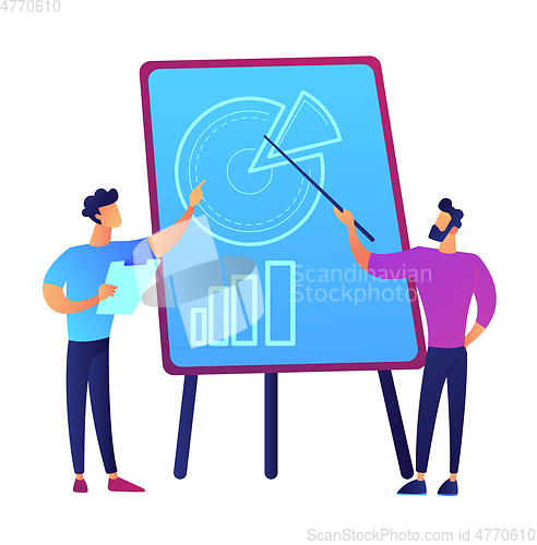 Image of Businessman giving presentation with pie chart graph on board vector illustration.