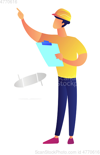 Image of Businessman in construction helmet holding clipboard vector illustration.