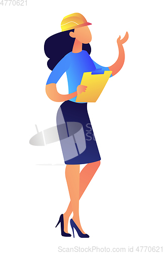 Image of Businesswoman in construction helmet with clipboard vector illustration.