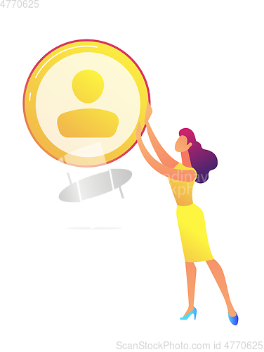 Image of Business woman holding golden avatar icon vector illustration.