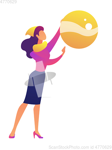 Image of Businesswoman holding big Christmas tree ball vector illustration.