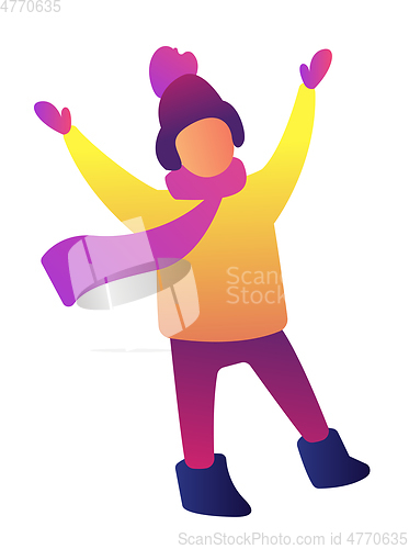 Image of Happy child with hands up wearing winter clothes vector illustration.