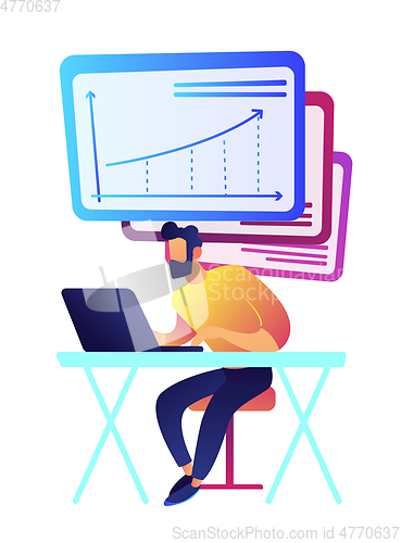 Image of Businessman working at laptop with charts vector illustration.