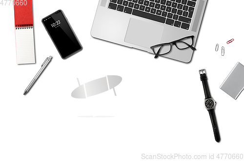 Image of Office desk mockup top view isolated on white
