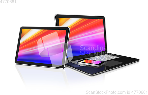 Image of Laptop, tablet and phone set mockup isolated on white. 3D render