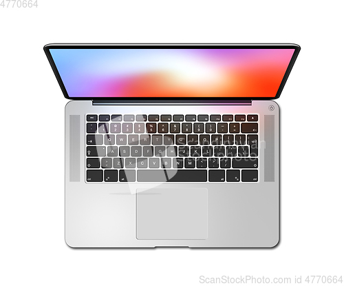 Image of Open laptop top view with colorful screen, isolated on white. 3D