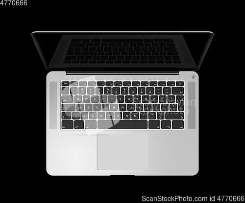 Image of Open laptop top view with black screen, isolated on black. 3D re