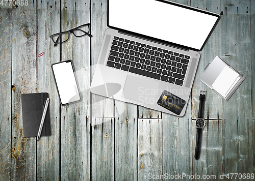 Image of Wooden office desk mockup top view