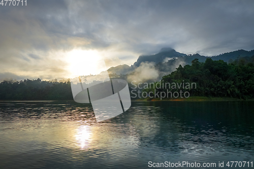 Image of Sunrise on Cheow Lan Lake, Khao Sok National Park, Thailand