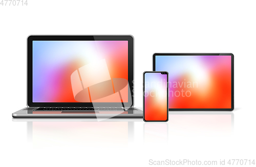 Image of Laptop, tablet and phone set mockup isolated on white. 3D render