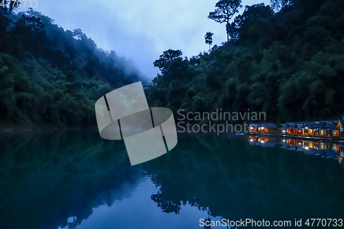 Image of Floating village at night, Cheow Lan Lake, Khao Sok, Thailand