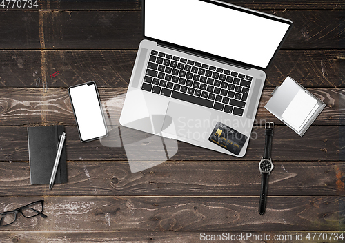 Image of Wooden office desk mockup top view