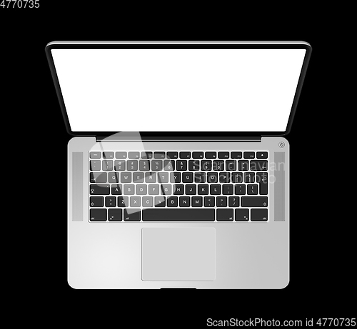 Image of Open laptop top view with blank screen, isolated on black. 3D re