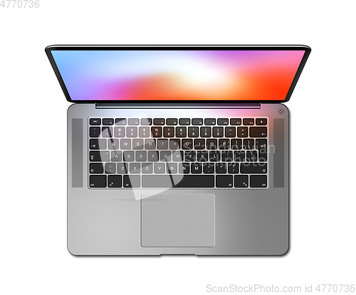 Image of Open laptop top view with colorful screen, isolated on white. Da
