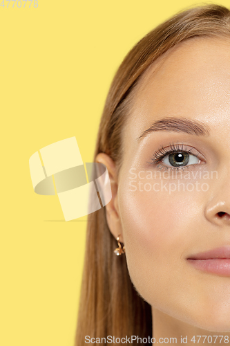 Image of Caucasian young woman\'s close up shot on yellow background