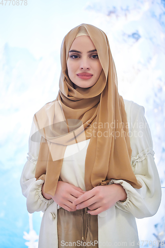 Image of Girl wearing hijab posing on winter concept background