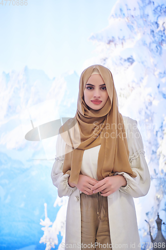 Image of Girl wearing hijab posing on winter concept background