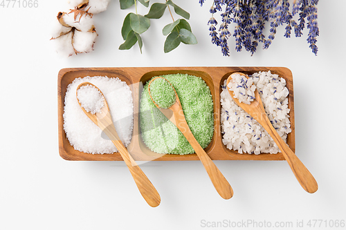 Image of sea salt with wooden spoons and herbs