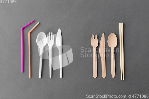 Image of close up of eco friendly and plastic tableware