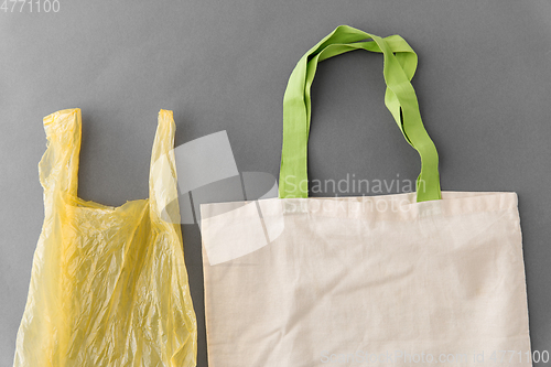 Image of plastic bag and reusable tote for food shopping