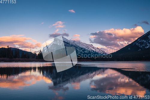 Image of Mount Rundle reflected in Vermillion Lakes