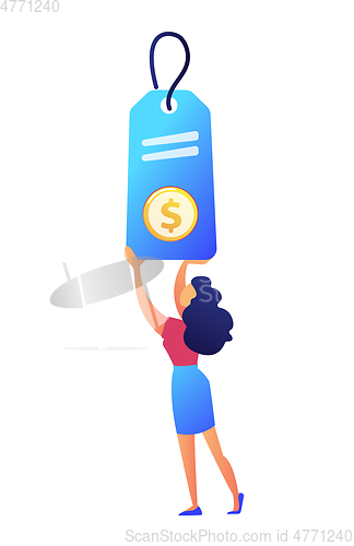 Image of Woman holding a big price tag vector illustration.