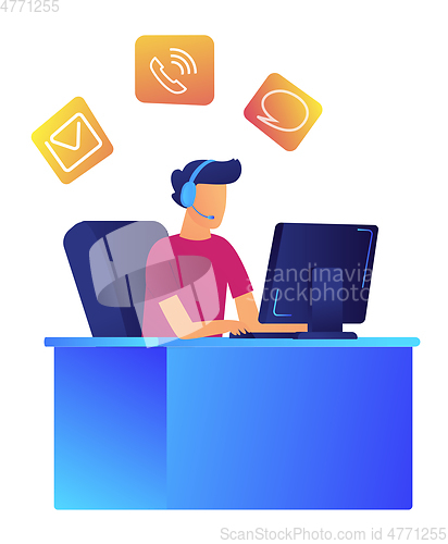 Image of Male operator with headset in customer support center vector illustration.