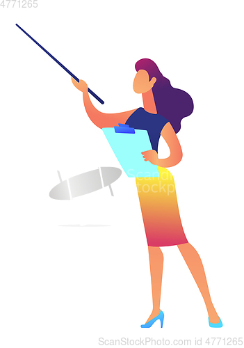 Image of Businesswoman holding clipboard shows with pointer vector illustration.