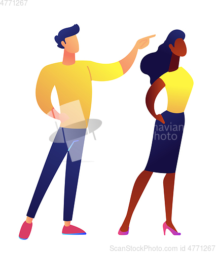 Image of Businesswoman and businessman pointing finger vector illustration.