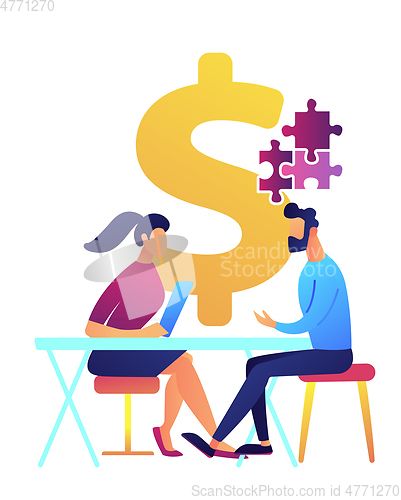 Image of Businesswoman at desk helps businessman solve puzzle vector illustration.