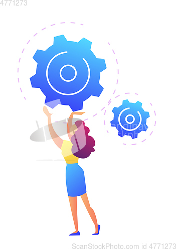 Image of Businesswoman turning gears vector illustration.