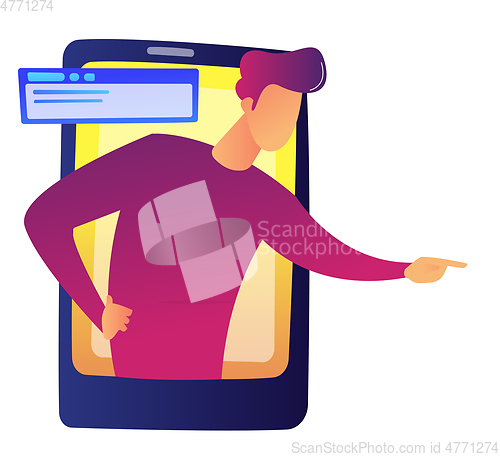 Image of Businessman pointing finger from smartphone screen vector illustration.