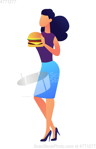 Image of Young businesswoman eating hamburger vector illustration.