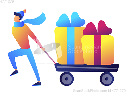 Image of Businessman pulling a trolley or cart with christmas presents vector illustration.