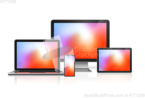Image of Computers and phone set mockup isolated on white. 3D render