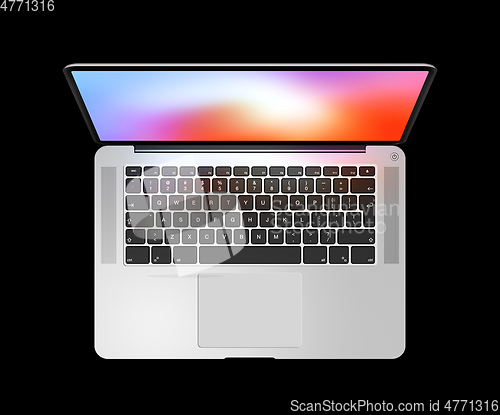 Image of Open laptop top view with colorful screen, isolated on black. 3D
