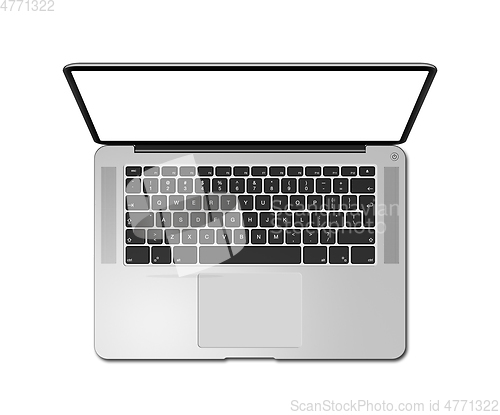 Image of Open laptop top view with blank screen, isolated on white. 3D re