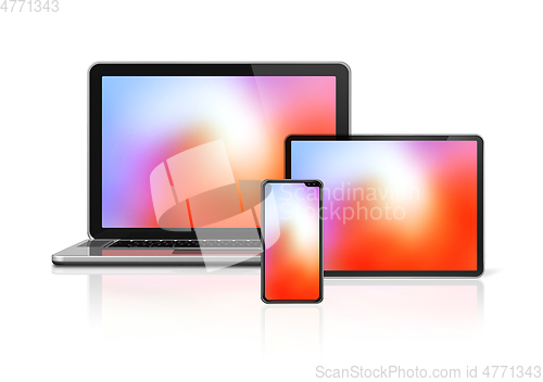 Image of Laptop, tablet and phone set mockup isolated on white. 3D render