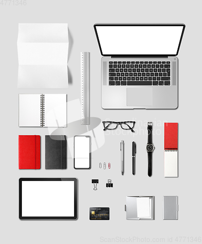 Image of Office desk branding mockup top view isolated on grey