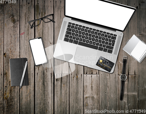 Image of Wooden office desk mockup top view