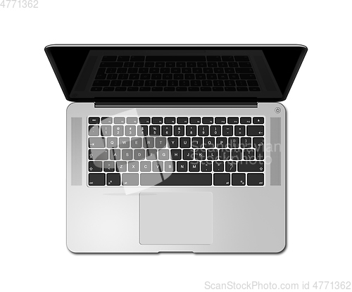 Image of Open laptop top view with black screen, isolated on white. 3D re