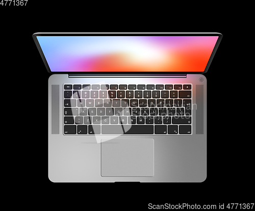 Image of Open laptop top view with colorful screen, isolated on black. Da